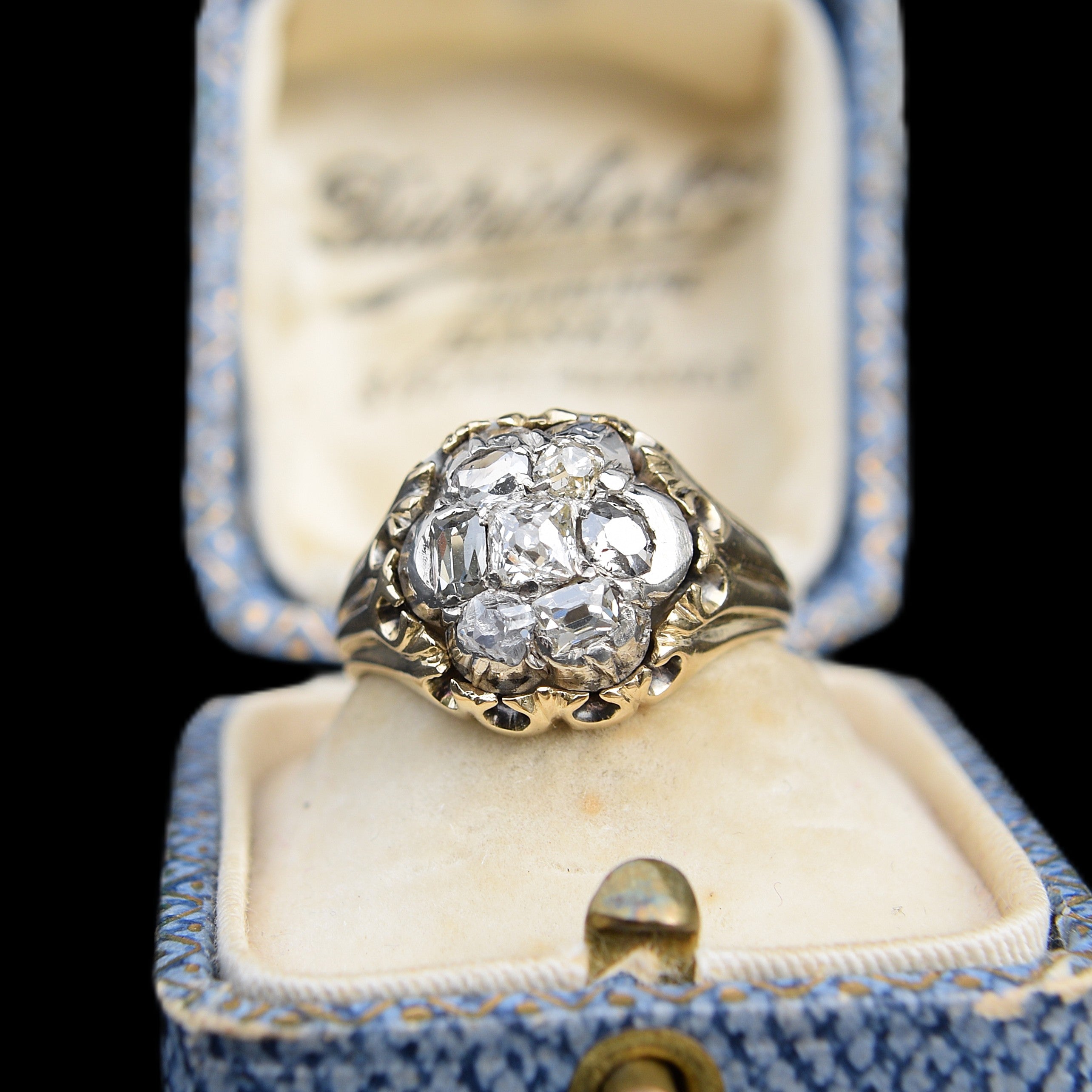 Antique Victorian chunky 1.25 ct old cut diamond and 18 ct. gold daisy ring, made around 1890